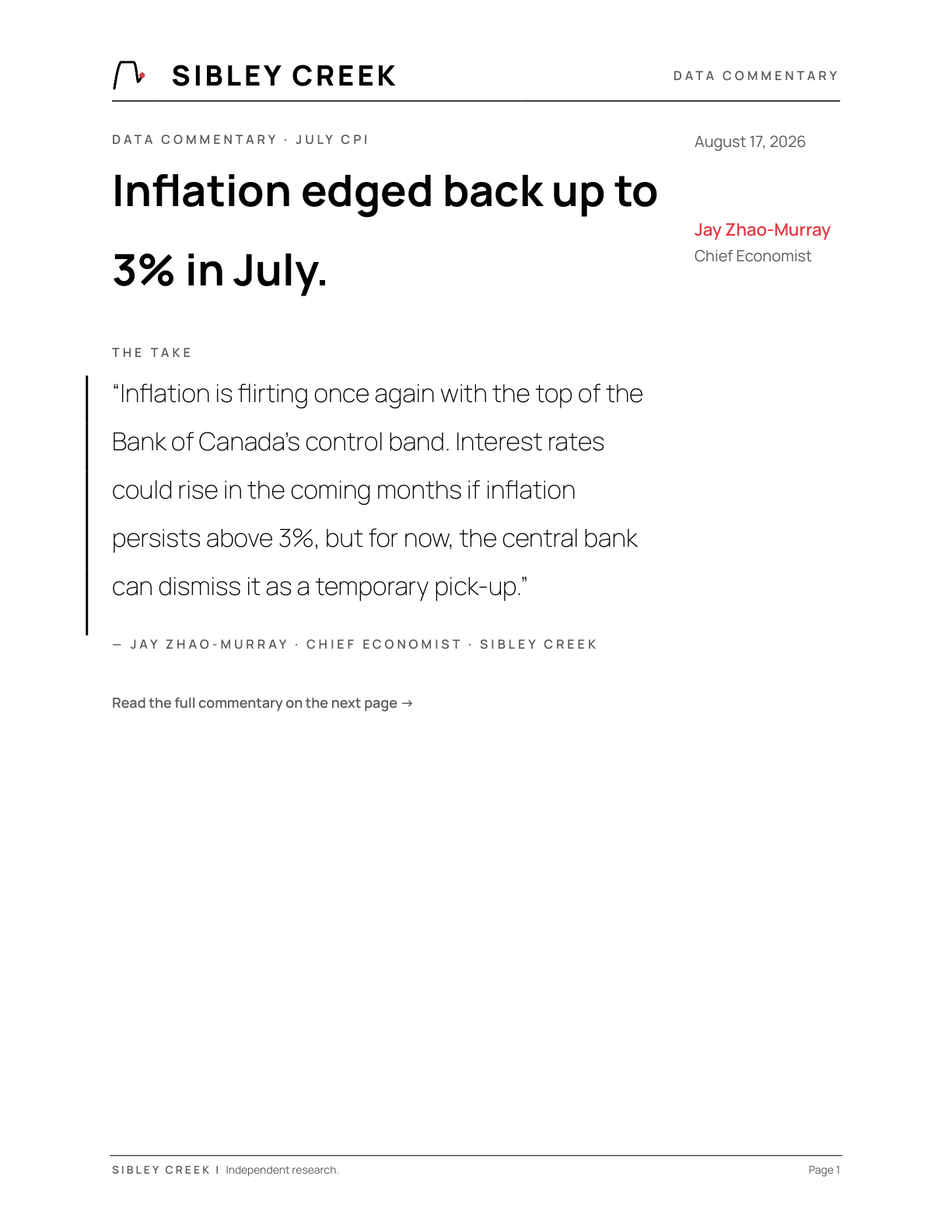 Sibley Creek — Inflation climbs back to 3% on fuel and travel costs.