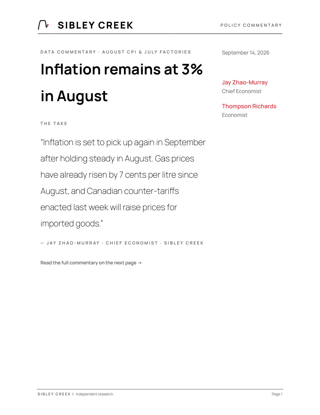 Sibley Creek — Inflation remains at 3% in August.