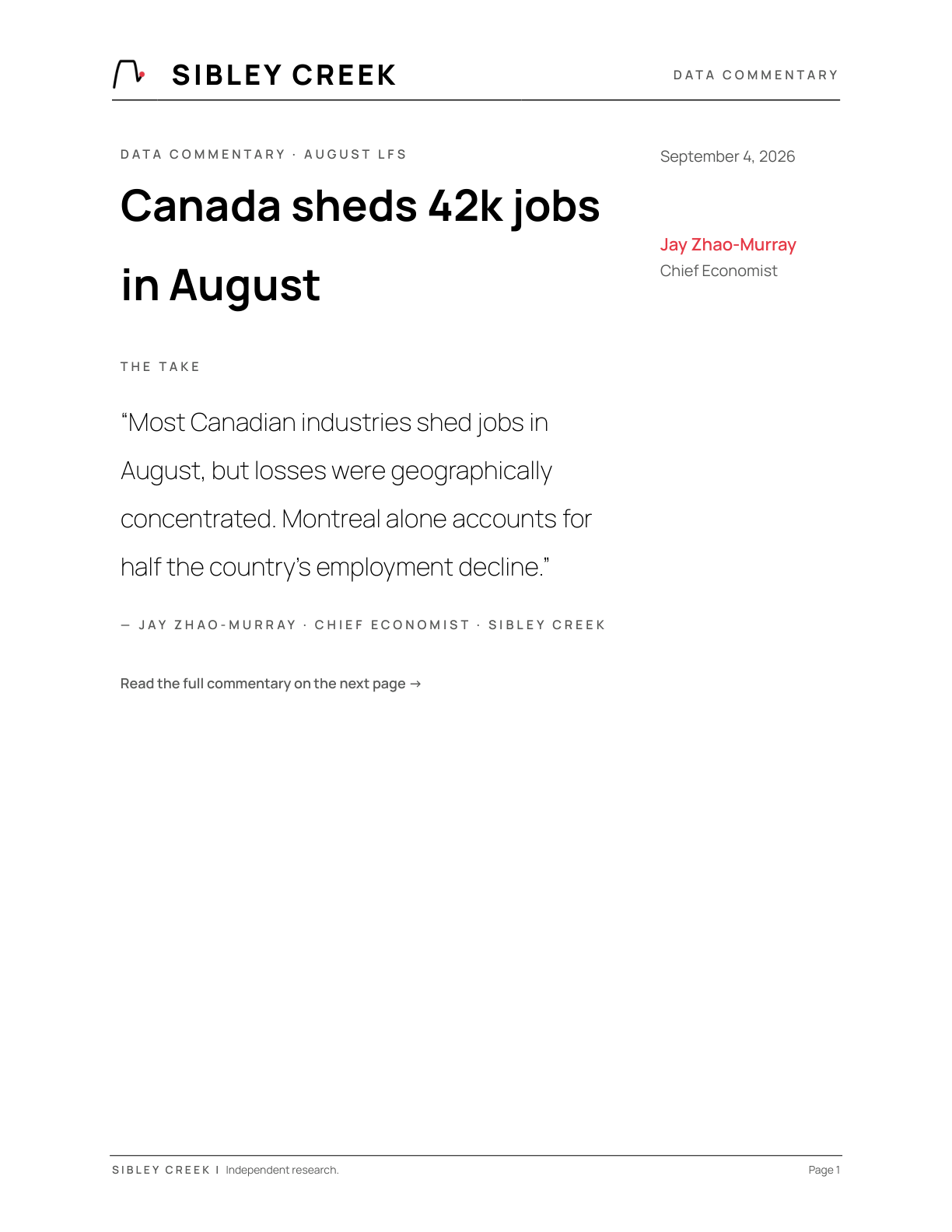 Sibley Creek — Canada sheds 42k jobs in August.